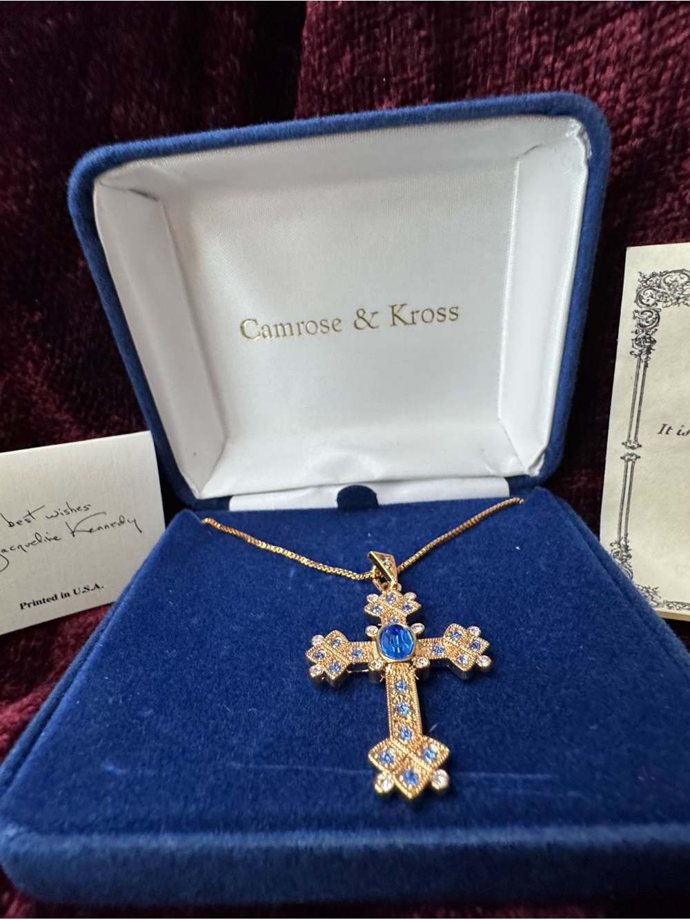 Gold Tone Blue Cross Pendant Necklace Jacklyn Kennedy